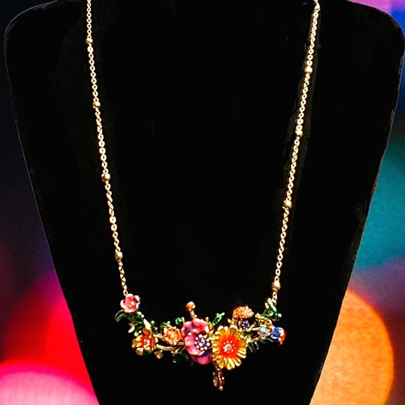 Kymyad Bohemian style enamel flower gold necklace w/ graduated gold beads. - Picture 2 of 12